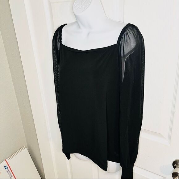 Tahari Square Neck Mix Media Sheer Sleeve Top Black XL - Picture 7 of 11